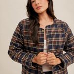 Round Neck Snap Button Plaid Quit Jacket