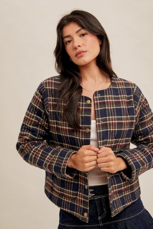 Round Neck Snap Button Plaid Quit Jacket