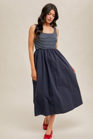 Mixed Media Stripe Rib Midi Dress