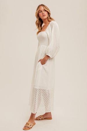 Eyelet Contrast Smoked Bubble Sleeve Midi Dress - Image 4