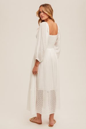 Eyelet Contrast Smoked Bubble Sleeve Midi Dress - Image 5