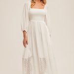 Eyelet Contrast Smoked Bubble Sleeve Midi Dress