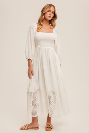 Eyelet Contrast Smoked Bubble Sleeve Midi Dress
