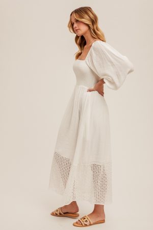 Eyelet Contrast Smoked Bubble Sleeve Midi Dress - Image 3