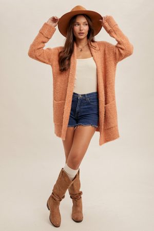 Fuzzy Texture Knit Cardigan - Sunkissed Orange - Image 2