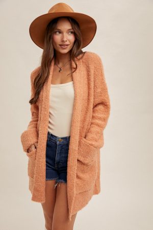 Fuzzy Texture Knit Cardigan - Sunkissed Orange