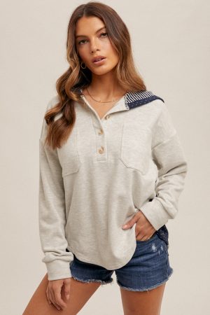 Brushed Jersey Hooded Pullover - Grey / Navy - Image 3