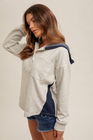 Brushed Jersey Hooded Pullover - Grey / Navy