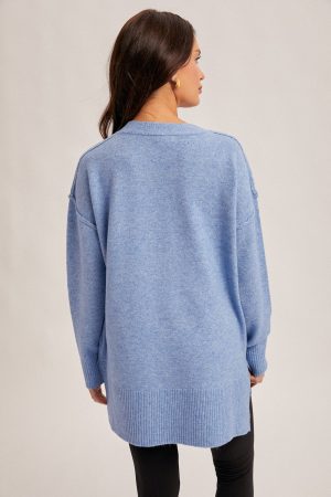Crew Neck Slit Hem, Oversized Tunic Sweater - Blueberrry - Image 2