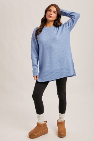 Crew Neck Slit Hem, Oversized Tunic Sweater - Blueberrry - Image 3
