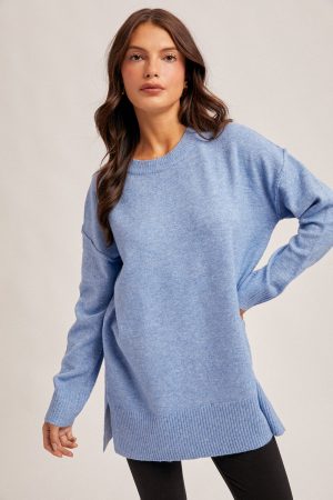 Crew Neck Slit Hem, Oversized Tunic Sweater - Blueberrry - Image 4