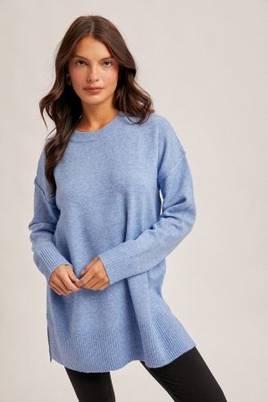 Crew Neck Slit Hem, Oversized Tunic Sweater - Blueberrry