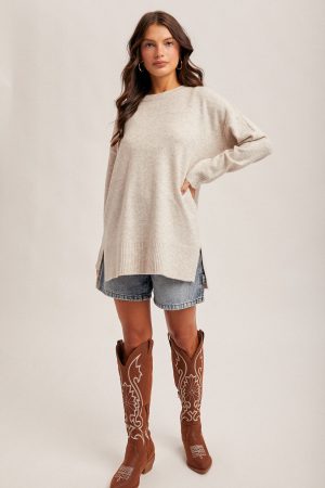 Crew Neck Slit Hem, Oversized Tunic Sweater - Oatmeal - Image 3