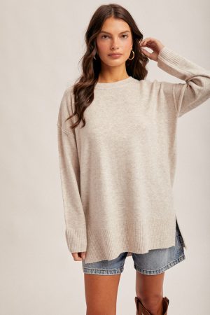 Crew Neck Slit Hem, Oversized Tunic Sweater - Oatmeal - Image 2