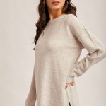 Crew Neck Slit Hem, Oversized Tunic Sweater - Oatmeal