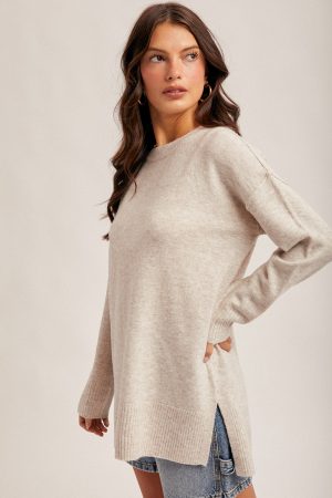Crew Neck Slit Hem, Oversized Tunic Sweater - Oatmeal