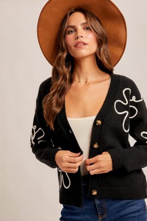 Floral Button Down Cardigan - Black